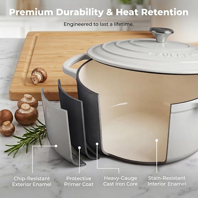 Zulay Kitchen 6.4QT Enameled Cast Iron Dutch Oven Pot with Lid, Heavy-Duty Soup Pot for Stews, Braising, Roasting & Sourdough Bread Baking, Oven Safe up to 500°F - White