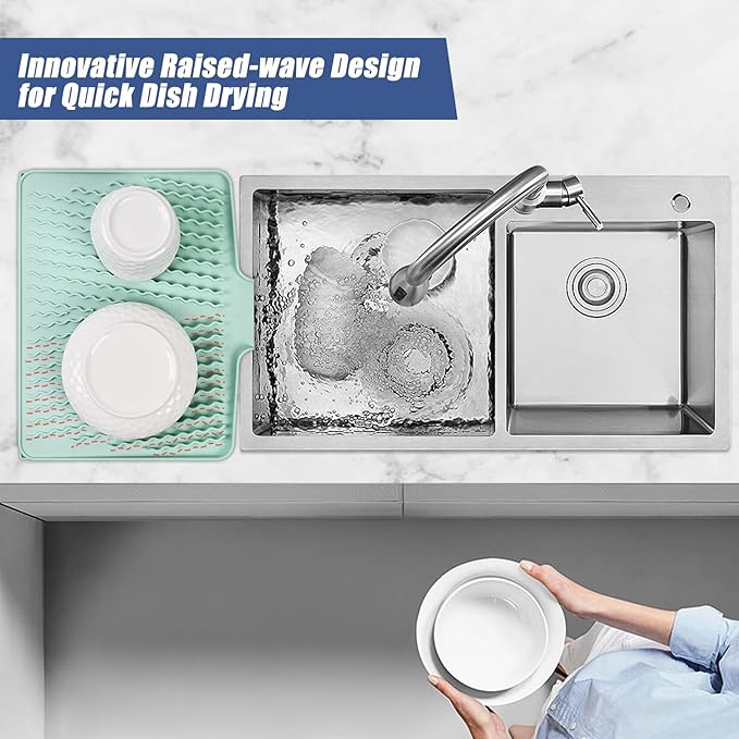 Silicone Dish Drying Mat for Kitchen Counter, Heat-resistant Dish Dryer Mat with Built-in Drain Lip ,Drain Pad Protects Surfaces Prevents Water Build UP (23.6" x 15.7", Mint-1pcs)