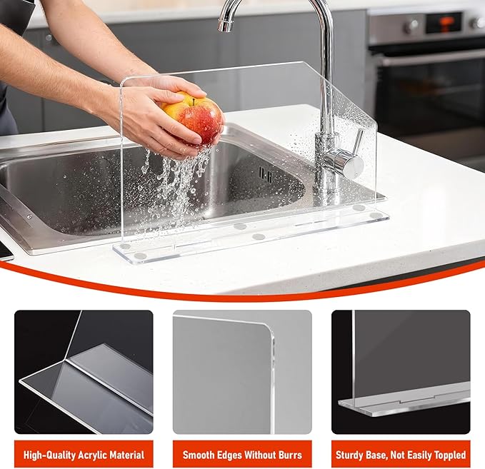 LILXIU 2 PCS Acrylic Sink Splash Guard 16.14 * 13.38 Inch Clear Freestanding Panel Barrier with Base Plate Countertop Partition for Kitchen Bathroom Home Hospitals Labs