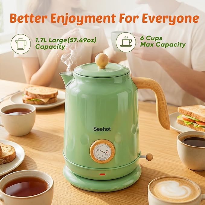 Seehot® Electric Kettle With Thermometer, 1.7L Electric Tea Kettle, 1200W Hot Water Kettle Electric, Auto Shutoff, Boil-Dry Protection, 304 Stainless Steel, Cordless Base,Green