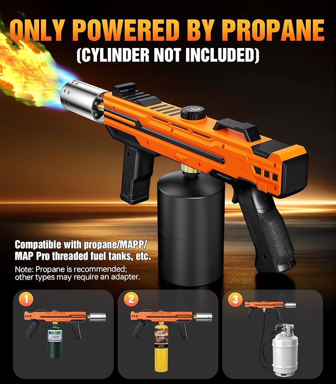 Powerful Propane Torch Gun, Kitchen cooking Torch lighter with Adjustable Flame, Flame Thrower Gun Butane Torch for Searing Steak, BBQ, Campfire, Fireplace (Tank Not Included) (Orange)