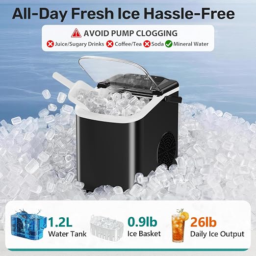 OLIXIS Countertop Ice Maker with Self-Cleaning, Portable Ice Maker Machine with Scoop, 26Lbs/24H, 9 Cubes in 6 Mins, 2 Sizes of Bullet for Home, Kitchen, Office, Black