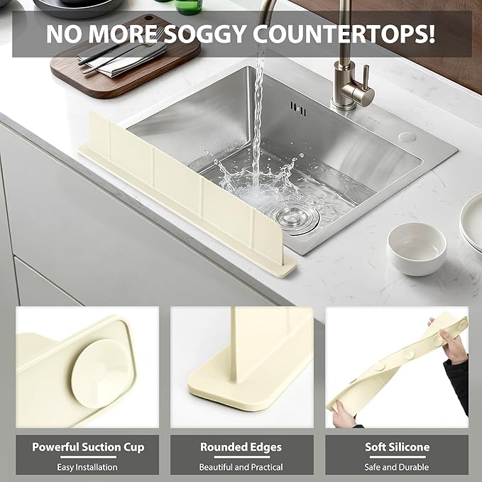20Inch Silicone Sink Splash Guard with Strong Suction Cups, Flexible Kitchen Sink Splash Guard for Front/Back of Sink, Easy to Clean Splash Guard for Kitchen & Bathroom (White, 20.5''x2.8'')
