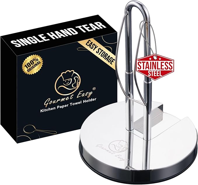 Single Hand Tear Paper Towel Holder, Anti-Slip Kitchen Towels Stand, Adjustable for Various Roll Sizes, Super Space Saver Foldable Stainless Steel Hand Towel Holder, Heavy Duty with 5-Year Warranty