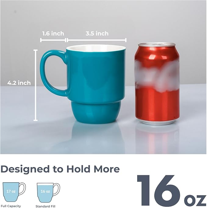 Stackable Porcelain Coffee Mug Set of 4 – 16oz Large Handle, Space-Saving Ceramic Mugs for Kitchen & Coffee Bar, Microwave & Dishwasher Safe • Modern Home Gift