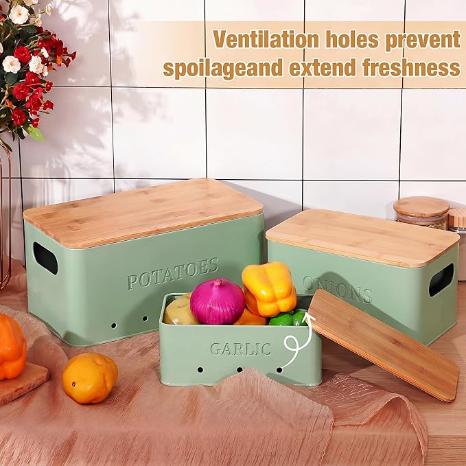 Honeydak 3 PCS Sage Green Potato Onion Garlic Storage Bins Set, Metal Vegetable Keeper Containers with Lids Aerating Holes for Kitchen Counter Pantry Keep Fresh Longer Farmhouse for Sweet-potato Fruit