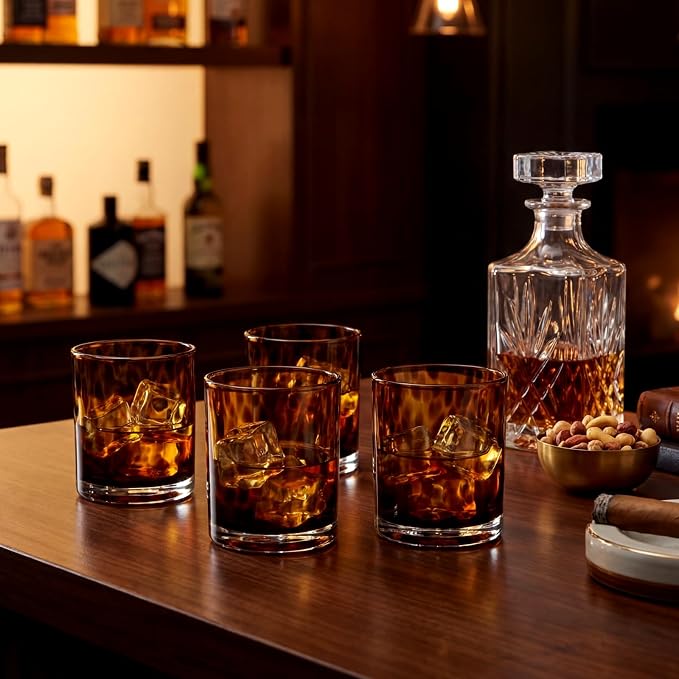 Honeydak Set of 4 Tortoise Leopard Print Brown 10.15 oz Rocks Glasses Stylish Stemless Cocktail Cups Glass Glassware Tumbler Ideal for Gin, Tequila, Vodka, Soft Drinks