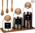 Suclain 3 Pcs Glass Coffee Storage Jar with Ball Cork Lid Wooden Spoon Shelf Labels Airtight Round Bottle Jar Food Storage Canister Set for Sugar Spice Coffee Bean Holder Candy Gift(17, 27, 41 oz)
