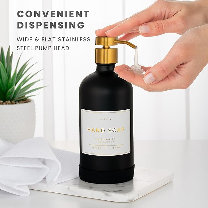 Hand and Dish Soap Dispenser for Kitchen and Bathroom, Set of 2 16 Oz Glass Bottles, Stainless Steel Pumps, Non-Slip Silicone Base, 27 Waterproof Labels (Matte Black Bottle/Brushed Gold Pump)
