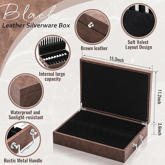 DoubleFill 1 Layer Leather Silverware Storage Box with Lid and Handles, Anti Tarnish Silverware Storage Chest Case with Felt-lined for 12 Sets of Utensils Flatware Gifts, 15.3x11.2x3.6 Inch
