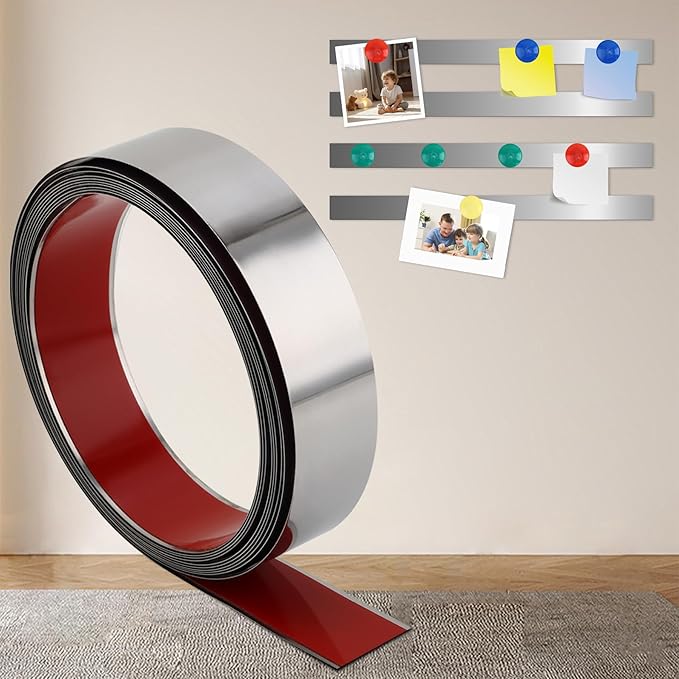 QDYMXUN Self Adhesive Backing Metal Strip for Magnets, Flexible Ferrous Memo Tapes Roll for Bulletin Boards in Studio, Office, School (Glossy Silver, 118''L x 1.57''W)