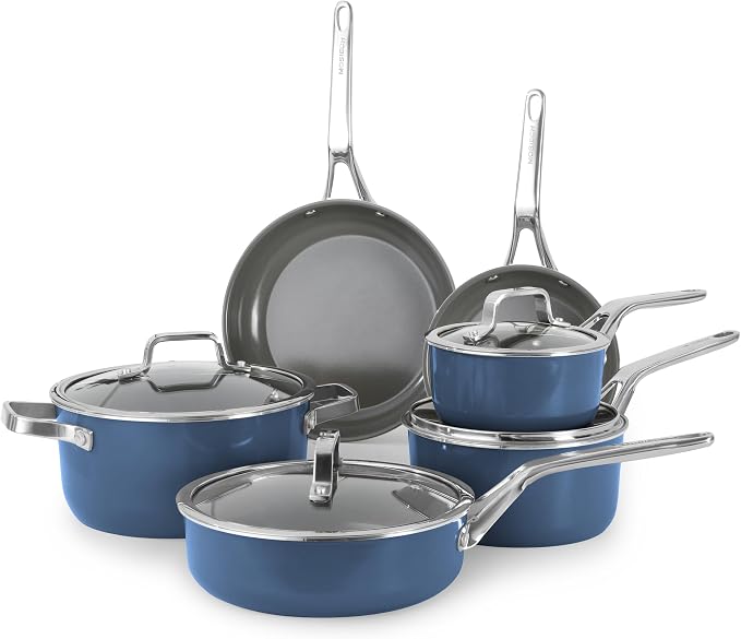 10-Piece Blue Ceramic Nonstick Cookware Set, Pots and Pans with Glass Lids & Anti-Scald Handles, Non-Toxic PFAS Free, Dishwasher & Oven Safe up to 480°F, Induction & All Stoves Ready