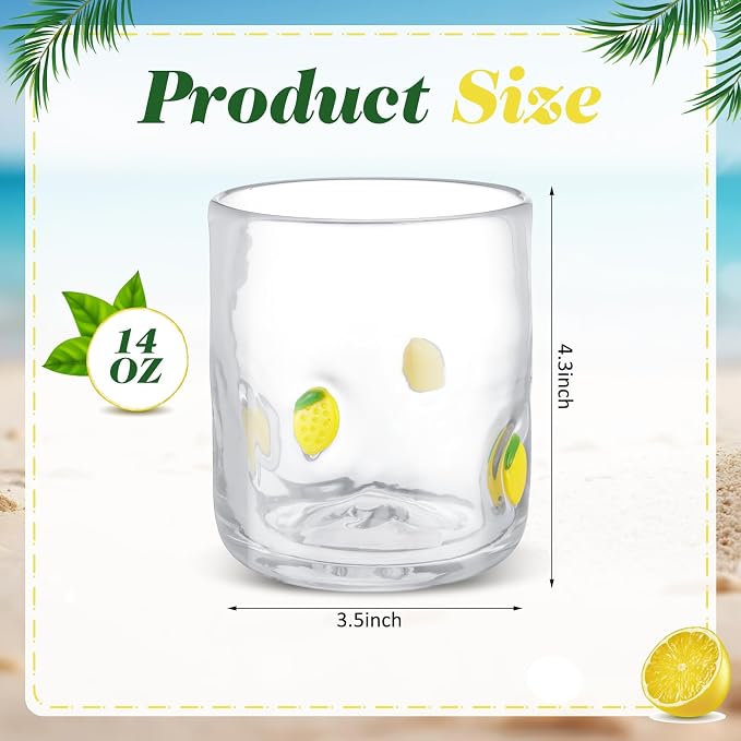 SiliFine 4 Pack Fruit Icon Juice Glasses Set - 14 oz Lemon, Strawberry, Cherry, Orange Stemless Glass Cup for Coffee Wine Cocktail Drinking - Summer Birthday Holiday Party Supplies & Ideal Gift