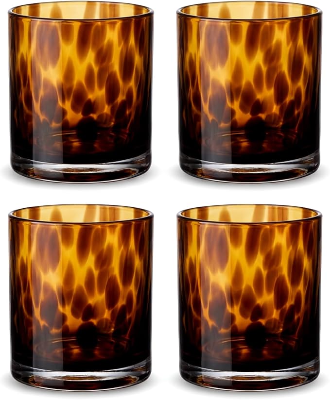Honeydak Set of 4 Tortoise Leopard Print Brown 10.15 oz Rocks Glasses Stylish Stemless Cocktail Cups Glass Glassware Tumbler Ideal for Gin, Tequila, Vodka, Soft Drinks
