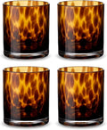 Honeydak Set of 4 Tortoise Leopard Print Brown 10.15 oz Rocks Glasses Stylish Stemless Cocktail Cups Glass Glassware Tumbler Ideal for Gin, Tequila, Vodka, Soft Drinks