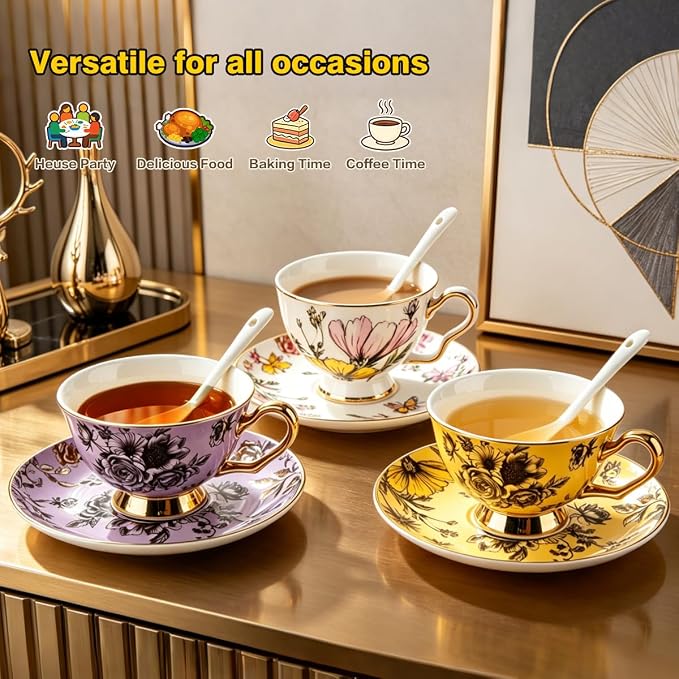 Tea Cup and Saucer Set, Floral with Gold Trim, 6.76 oz | Includes Spoon, British Style, Coffee & Latte Use, Party & Wedding Gifts, Christmas & Birthday Gifts