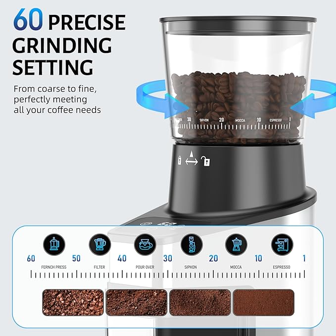 Burr Coffee Grinder Electric, Coffee Bean Grinder with 60 Adjustable Grind Settings, 60s Precision Timer & 1-8 Cup, Anti-static