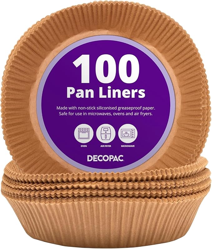 DecoPac 8" Cake Pan Liners, 100 Pack, Non-Stick Siliconized Greaseproof Paper, Round Baking Liner for Cakes and Pies, Parchment Paper Round Air Fryer Liner