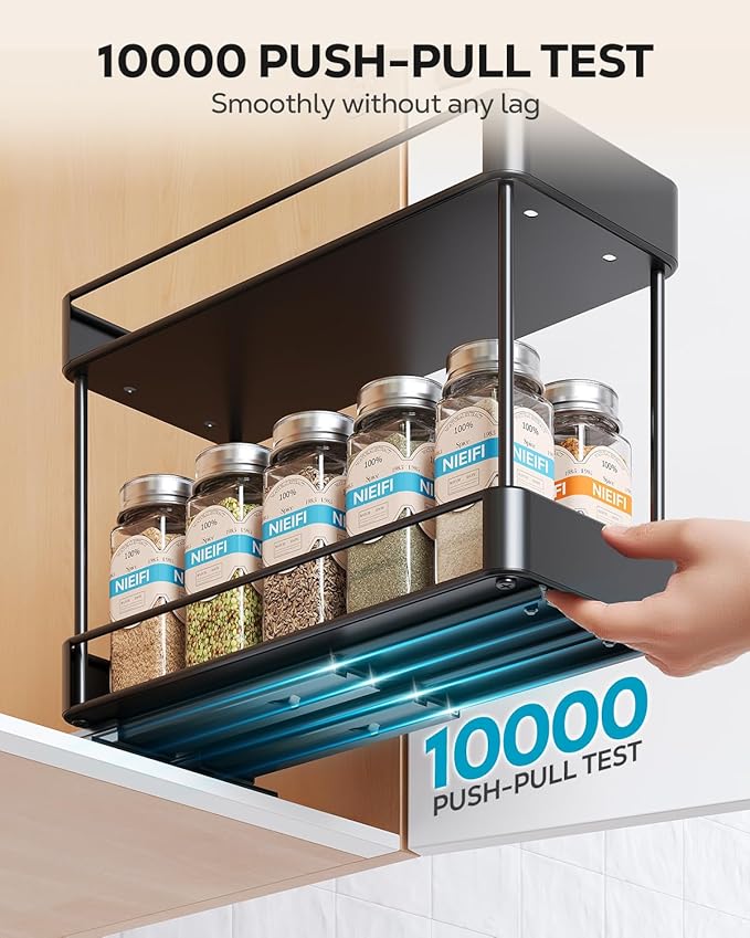 Nieifi Spice Rack Organizer for Cabinet, Vertical Spice Rack Pull Out, Easy to Install, Metal, 4.5''Wx10.35''Dx8.4''H, 1 Pack, 2 Tiers(Black)