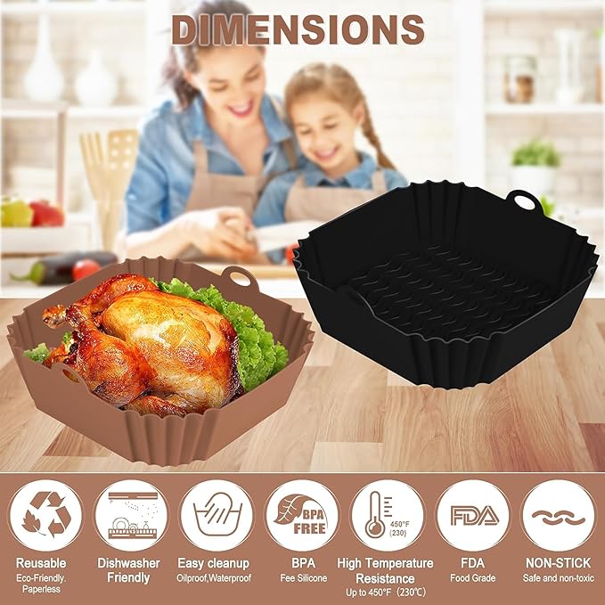 Boribim 2 PCS Square Silicone Air Fryer Liners - 8 Inch Reusable Air Fryer Pot - Air Fryer Accessories - Air Fryer Inserts for 4 to 7 QT Oven Microwave Accessories (Black + Brown)