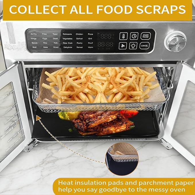 Air Fryer Accessories Set for Emeril Lagasse 26QT Extra Large, Stainless Steel Baking Pans with Nonstick Basket, 100 Parchment Papers & 2 Teflon Mats, Dishwasher safe