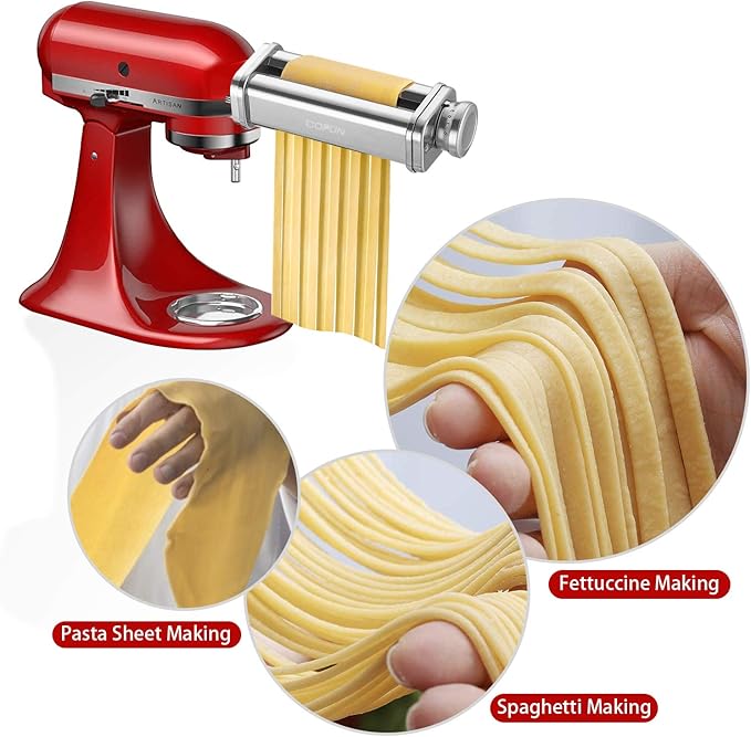 Cofun 3PCS Pasta Attachment for KitchenAid Stand Mixer, 8 Thickness Settings Stainless Steel Pasta Maker with Sheet Roller, Spaghetti & Fettuccine Cutter, Pasta Maker for Kitchenaid Mixer Attachments