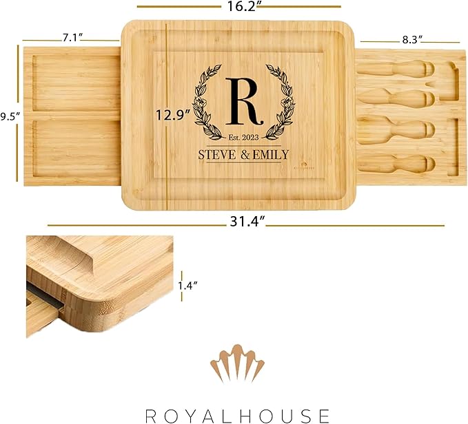 RoyalHouse Personalized Charcuterie Board, Custom Bamboo Engraved Cheese Board, Customized Gifts, Bridal Shower Gifts, Perfect for Personalized Christmas Gift