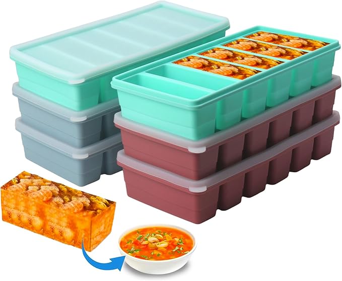 1/2 Cup Silicone Freezer Tray With Lid,Silicone Freezer Molds 6-Pack For meal prep & freezing of various sauces and other dishes, makes 36 perfect 1/2 cup portions cubes Multicolor (Multicolor 6 Pack)