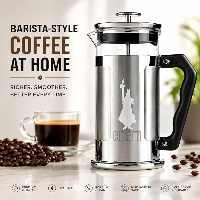 Bialetti Coffeepress French Press Coffee Maker, 8 Cup, Preziosa Stainless Steel (06852)