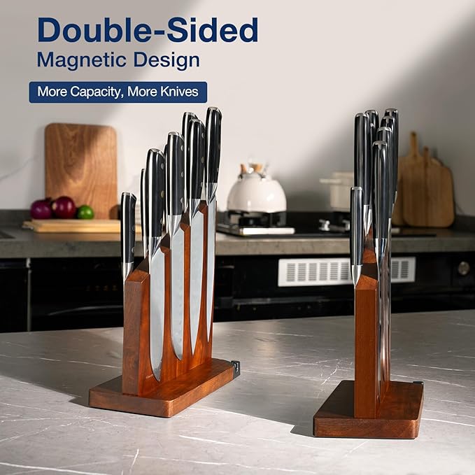 Gourmetop Magnetic Knife Holder with Built-in Sharpener, 100% Acacia Wood Magnetic Knife Block without Knives, Strong Double-Sided Magnetic Knife Holder for Kitchen Countertop Organization, Dark Wood