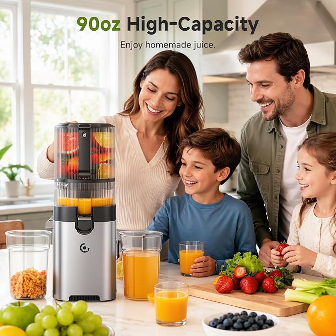 AMZCHEF 3-in-1 Cold Press Juicer, 6.5" Wide Feed Chute Slow Masticating Juicer Extractor for Whole Fruits & Vegetables, High Juice Yield, Quiet Motor, Easy Clean for Plant-Based Diet