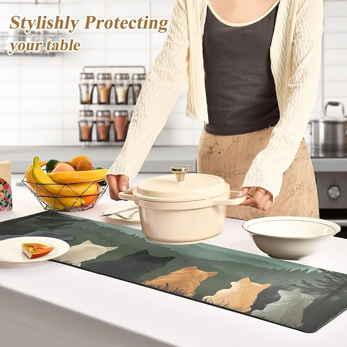 2 in 1 Table Runner Trivet for Hot Pots and Pans Heat Resistant Non Slip Waterproof 39 x 12 Inch Decorative Table Protector for Kitchen Countertop Cute Wolves Back and Green Mountain