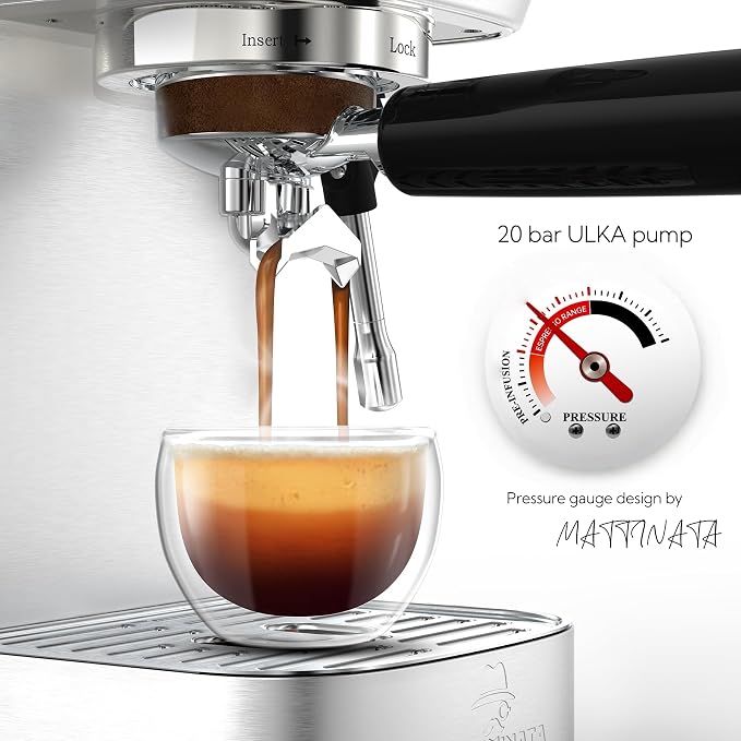MAttinata Espresso Machine 20 Bar, Compact Espresso Maker with Milk Frother | Coffee Maker, Professional Italian Pump, Steam for Cappuccino Latte, Barista Pressure Gauge, Small for Home, Stainless Steel