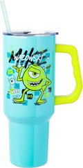 Silver Buffalo Disney Pixar Monsters Inc. Double Walled Stainless Steel Tumbler with Handle Featuring Mike Wazowski, Fits in Standard Cup Holder, 40 Ounces
