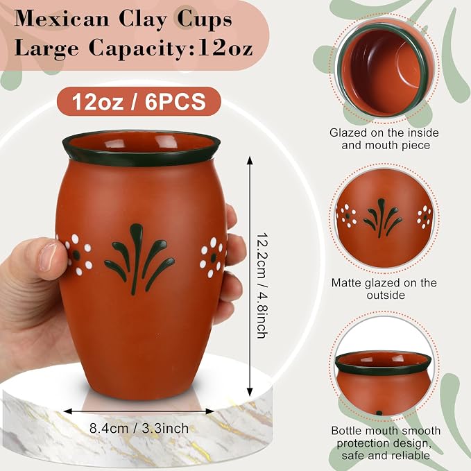 Gejoy 6 Pack 12oz Cantaritos de Barro Mexicanos Mexican Clay Cup Pottery Fiesta De Barro Mexicanos Cocktail Coffee Mugs Cocktail Tea Glasses for Margaritas Mojitos (Cute,Red)