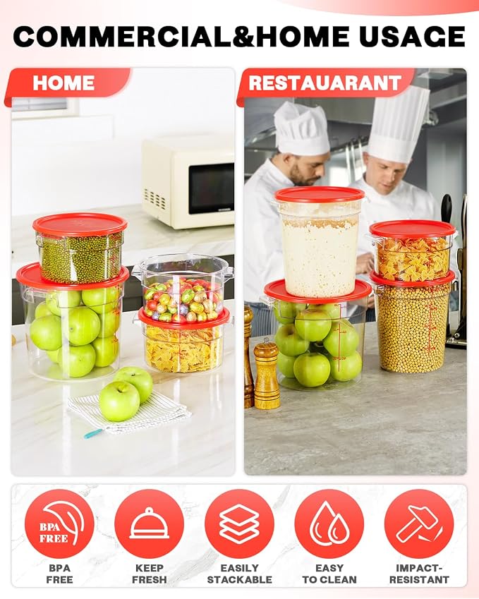 6QT NSF Round Food Storage Containers with Lids: 4 PCS [Total Food Grade][Hot&Cold Resistant] Dough Proofing Container for Pizza, Bread with Measuring Spoons Included(BPA FREE) (RED)