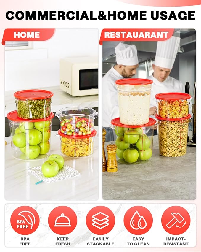 2QT NSF Round Food Storage Containers with Lids: 4 PCS [Total Food Grade][Hot&Cold Resistant] Dough Proofing Container for Pizza, Bread with Measuring Spoons Included(BPA FREE) (RED)