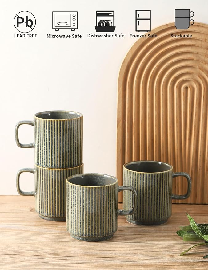 Coffee Mugs Set of 4, Ceramic Ribbed Tea Coffee Cups with Handle, Large Porcelain Mug for Americano, Latte, Cappuccino, Hot Chocolate, Green