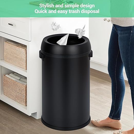 Garvee 17 gal/65 L Trash Can, Fingerprint-Proof Stainless Steel Open Top Garbage Can, Heavy Duty Commercial Round Trash Bin for Restaurant, Home, Office, Black
