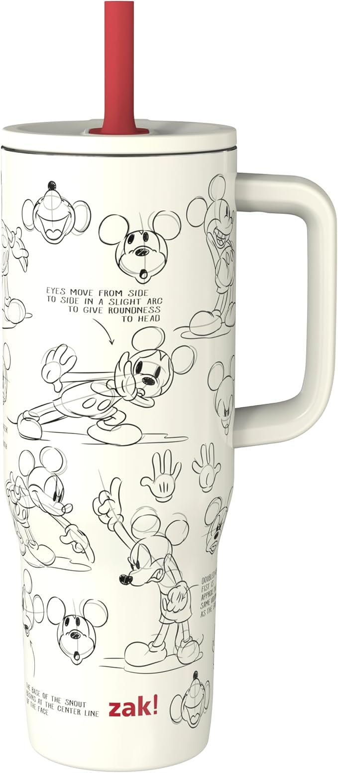 Zak Designs Disney Sutton Travel Tumbler for On the Go, 30oz Stainless Steel with Vacuum Insulation, Silicone Straw, and Carry Handle for Cold Drinks (Mickey Mouse Sketch)