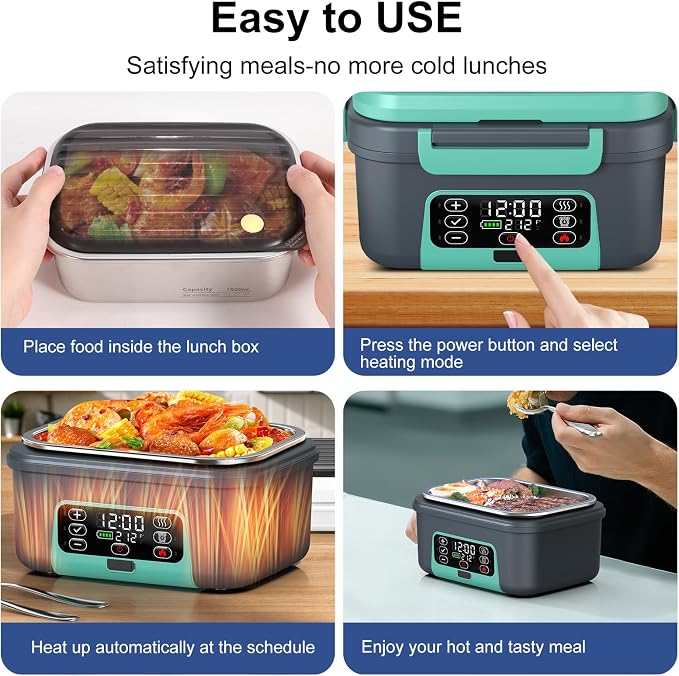 Cordless Electric Heated Lunch Box, 1.5L - 6.3 Cups 100W Rechargeable Smart Self-Heating Food Warmer with Removable Divider, Spoon, Fork, BPA Free, Portable Lunchbox for Car Travel Office Lake Green