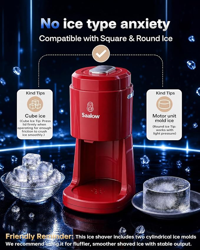 Electric Shaved Ice Machine, Professional Snow Cone Maker with Adjustable Thickness Settings, High-Efficiency 135W Motor, Portable Ice Crusher for Fluffy Ice & Slushies, Includes 2 Ice Molds
