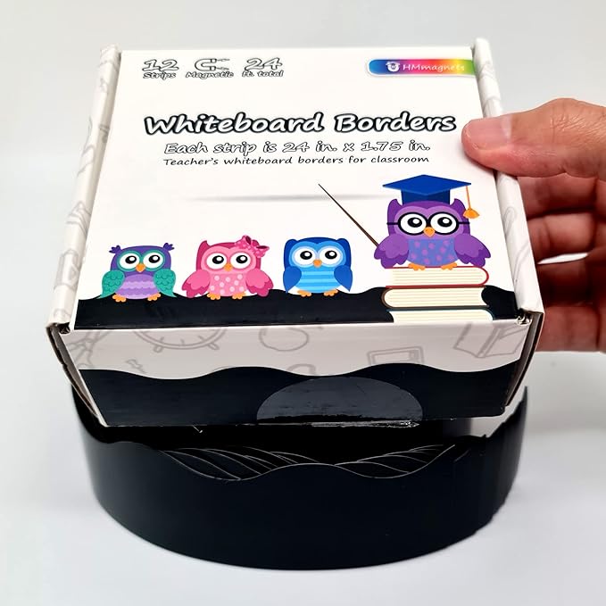Strong & Wide Magnetic Borders for Classroom Whiteboard - Visible Magnetic Strips for Teachers (4 Designs Available) | Wavy Plain - Black | 12 Strips of 24X1.75 Inch - 24 Feet Total