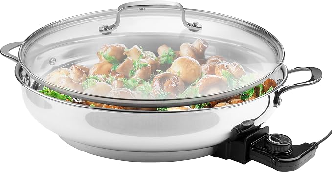 CucinaPro XL Electric 16" Skillet, 18/10 Stainless Steel Pan with Lid | Round with Adjustable Temperature Control Probe, Tempered Glass Lid & Handle, Portable, Durable Cookware Large Family Meal