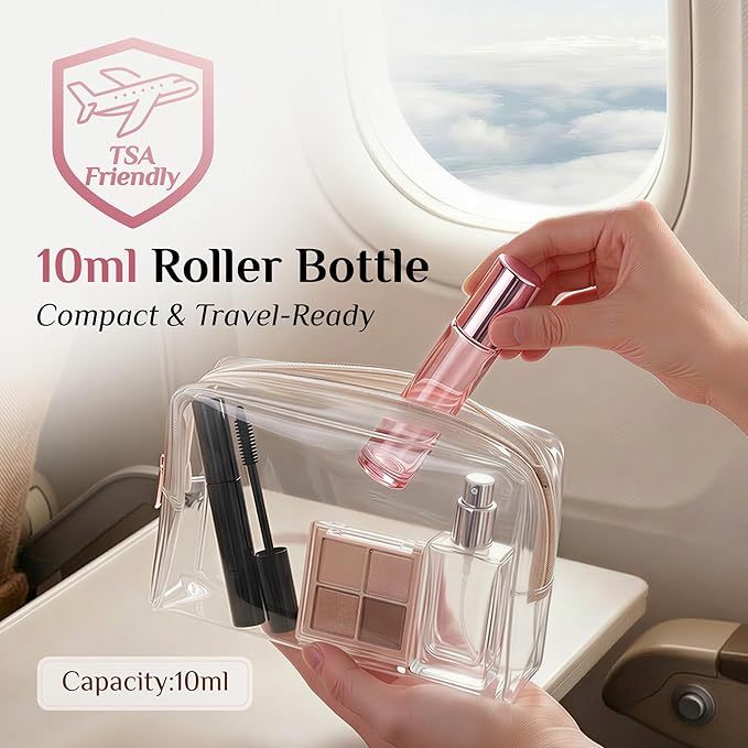 PrettyCare 4 Pack, 10 ml Essential Oil Roller Bottles with Stainless Steel Roller Ball - Refillable Leak-proof Empty Thick Pink Glass Roll on Bottles with Pink Caps for Travel, Perfume