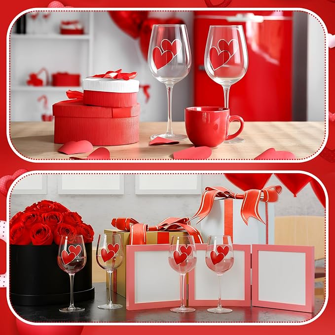 SiliFine 4 Pcs Valentine's Day Red Hearts Theme Party Stemmed Wine Glasses Hand Painted Red Heart Drinking Cup Wine Glasses Gifts for Birthday Theme Holiday Party Supplies
