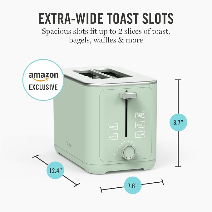 Martha Stewart 2 Slice Toaster, 10 Shade Settings with Defrost, Cancel, Bagel & Gluten-Free, Extra-Wide Self-Centering Slots for Waffles & Artisan Bread, Removable Crumb Tray, Cord Wrap, Honeydew