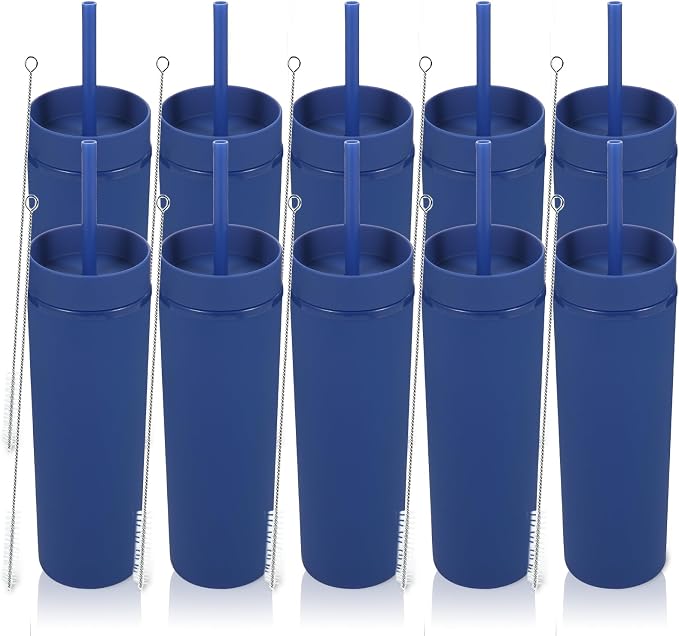 Volhoply 16oz Plastic Skinny Tumbler with Lid and Straw Bulk 10 Pack,Insulated Double Wall BPA Free Matte Acrylic Tumblers,Iced Coffee Travel Mug Reusable Party Cup,Customizable Diy Gifts(Navy,10 Set)