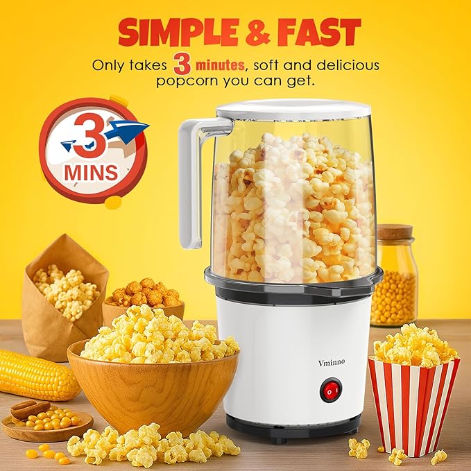 Vminno Quick & Easy Hot Air Popcorn Popper Maker with Built-In Serving Bowl, 2 Quarts, Etl Certified, No Oil Popcorn Poppers for Home with On/Off Switch for Family Movie Nights, Parties