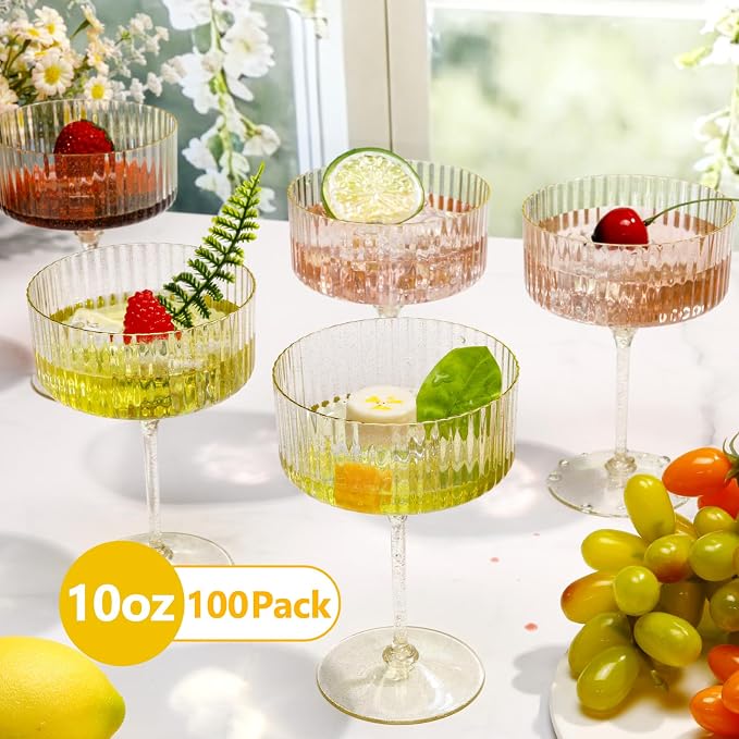 Jingmore Ribbed Martini Glasses 10 oz Disposable Plastic Vintage Ribbed Coupe Glasses with Gold Rim Cocktail Unbreakable Dessert Parfait Glassware for Wedding Party Supplies(Clear,100 Pcs)